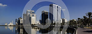 Tranquil view of Sharjah lake and AlNoor mosque