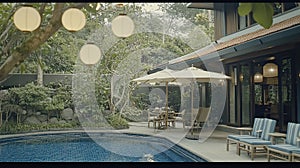Tranquil villa poolside patio, lush garden, evening lighting
