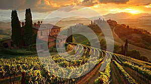 Vineyards in Tuscany, Italy at sunset