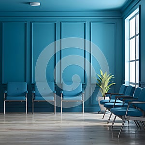 Tranquil waiting room empty blue interior exudes calm anticipation