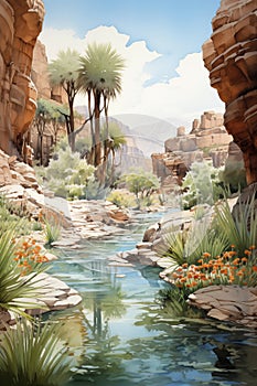 Tranquil water flows through a desert canyon, flanked by lush greenery and towering cliffs