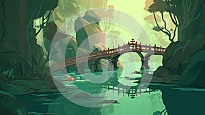 Tranquil water scenery with bridge artwork