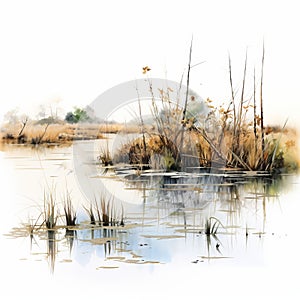 Tranquil Watercolor Illustration Of Duck In Pond And Marsh