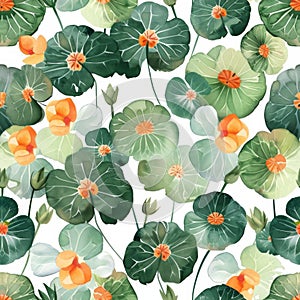 Tranquil Watercolor Nasturtiums Pattern with Lush Greenery