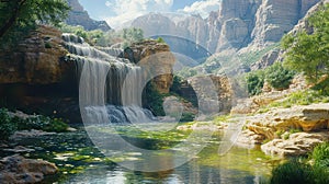 Serene Waterfall Cascading Into a Calm Pool Surrounded by Rocky Cliffs and Greenery photo