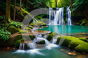 A tranquil waterfall cascading into a crystal-clear pool in a lush forest