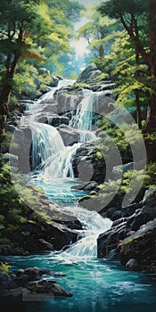 Tranquil Waterfall Painting With Depth And Natural Lighting