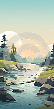 Tranquil Wetland Minimalistic Illustration Of A Serene River Landscape