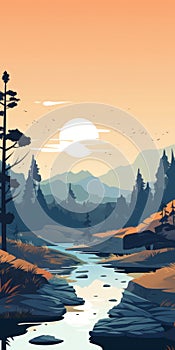 Tranquil Wetland: Minimalistic Mobile Wallpaper With Rock Formations And Trees