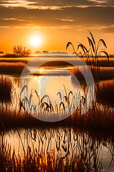 A tranquil wetland at sunset, with tall grasses, reeds, and waterfowl silhouetted against the warm,