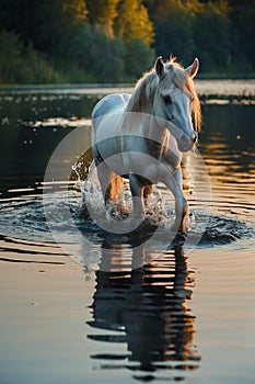 Tranquil white horse wading knee-deep Placid Lake