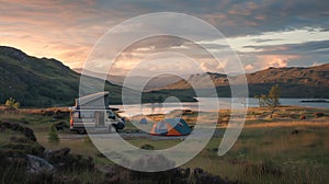 Tranquil wilderness camping scene with a motorhome and tent by a stunning highland lake at twilight