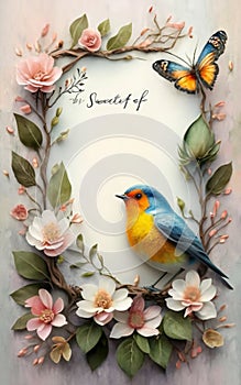 Tranquil Wings: Watercolor Floral Lined Page with Bird