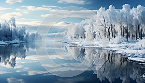 Tranquil winter landscape blue sky, snowy trees, frozen pond generated by AI
