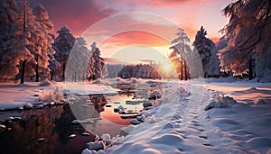 Tranquil winter landscape snow covered forest, frozen mountain, serene sunset generated by AI