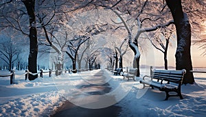 Tranquil winter landscape snow covered tree, bench, and frosty footpath generated by AI