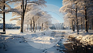 Tranquil winter landscape snow covered tree in a frosty forest generated by AI