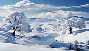 Tranquil winter landscape snowy forest, blue sky, frozen mountain peak generated by AI