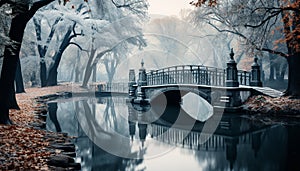 Tranquil winter landscape snowy forest, bridge, and reflection on water generated by AI
