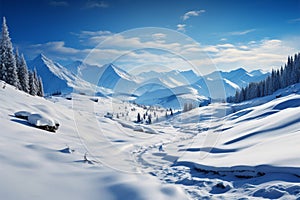 Tranquil winter landscape unfolds, mountains adorned in pristine white snow