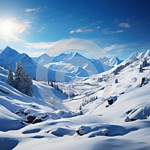 Tranquil winter landscape unfolds, mountains adorned in pristine white snow