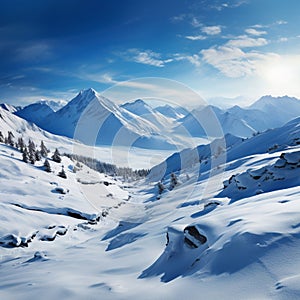 Tranquil winter landscape unfolds, mountains adorned in pristine white snow