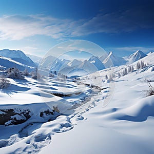 Tranquil winter landscape unfolds, mountains adorned in pristine white snow