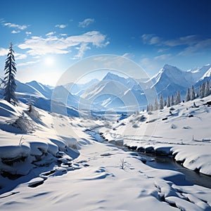 Tranquil winter landscape unfolds, mountains adorned in pristine white snow