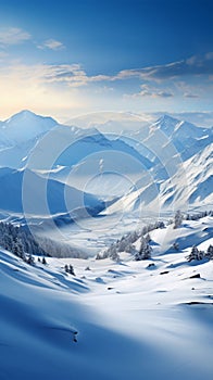 Tranquil winter landscape unfolds, mountains adorned in pristine white snow