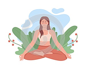 Tranquil woman meditating outdoor 2D vector isolated illustration