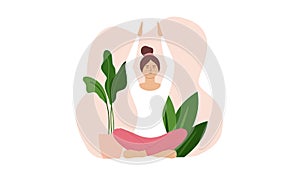 Tranquil women with closed eyes and croosed legs meditating in yoga lotus posture. Meditation practi