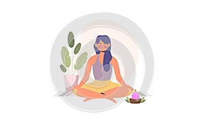 Tranquil women with closed eyes and croosed legs meditating in yoga lotus posture. Meditation practi