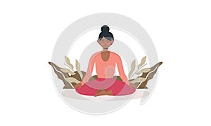 Tranquil women with closed eyes and croosed legs meditating in yoga lotus posture. Meditation practi