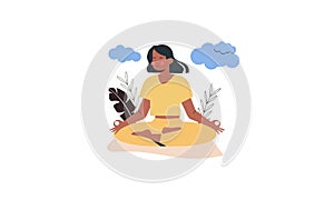 Tranquil women with closed eyes and croosed legs meditating in yoga lotus posture. Meditation practi