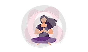 Tranquil women with closed eyes and croosed legs meditating in yoga lotus posture. Meditation practi