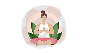 Tranquil women with closed eyes and croosed legs meditating in yoga lotus posture. Meditation practi