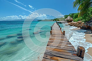 Tranquil wooden pier and picturesque shoreline at bayahibe beach in the dominican republic photo