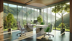 Tranquil Workspace: Modern Office with Scenic Green Hill View photo