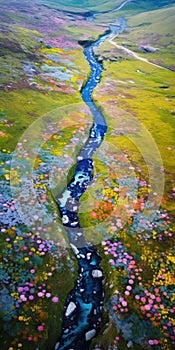 Tranquil Yellow River Flowing Through Vibrant Wildflowers