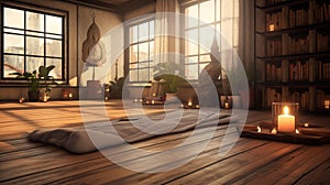 A tranquil yoga studio, hardwood floors, serene wall murals.