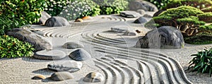 Tranquil zen garden background with smooth stones, raked sand patterns, and lush greenery. The