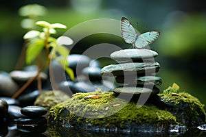 Tranquil zen garden hosts a butterfly amidst the spas massage stones
