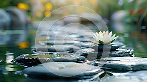 Tranquil Zen Garden with Massage Stones and Water Lily for Relaxation and Meditation