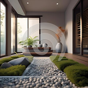 A tranquil zen garden with raked gravel, rocks, and minimalist plantings Calm and meditative space2