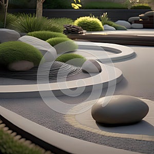 A tranquil zen garden with raked gravel, rocks, and minimalist plantings Calm and meditative space4