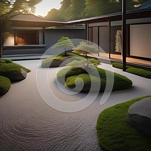 A tranquil zen garden with raked gravel, rocks, and minimalist plantings Calm and meditative space5