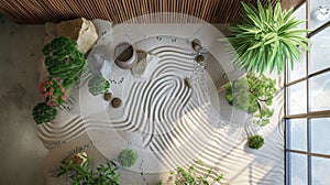 Tranquil Zen Garden with Raked Sand and Lush Greenery