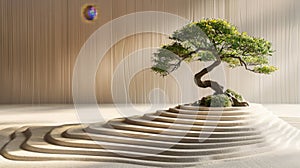 A tranquil Zen garden scene displaying a carefully sculpted bonsai tree atop raked sand patterns under soft lighting