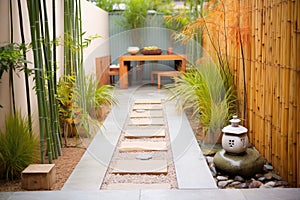 tranquil zen garden with a stone path and bamboo water feature