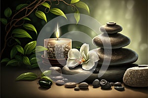 Tranquil Zen Spa Experience: Banner Relaxation Among Stacked Stones and Serene Scene. Beauty Salon Massage Atmosphere. Generative